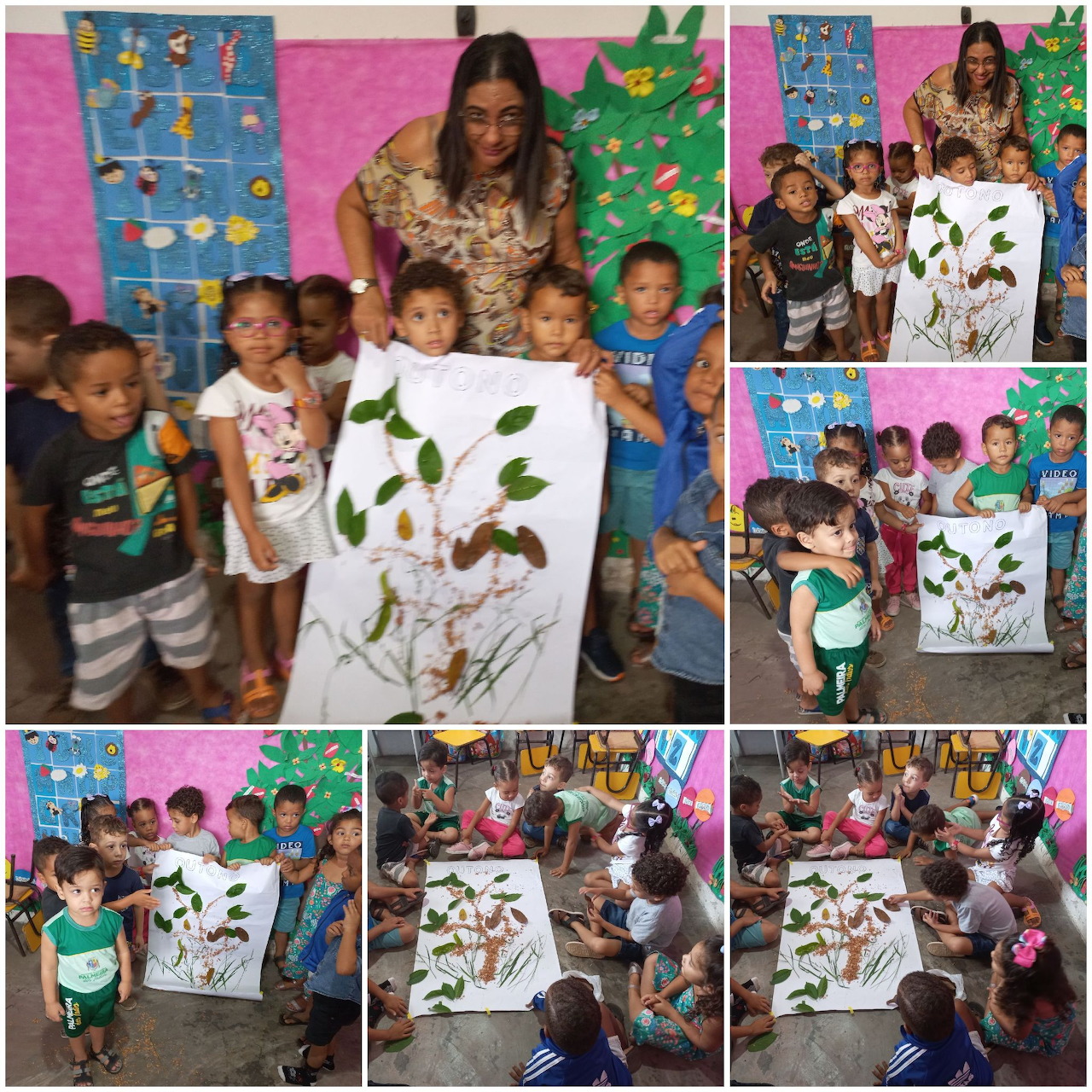 Photo collage of a teacher and young children in a classroom holding a leaf-decorated poster