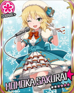 Anime girl Momoka Sakurai singing with a microphone in a blue dress and snowflake background