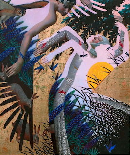 Ornate figurative painting with reclining person, decorative birds, rabbits and floral patterns in blue, gold and pink tones