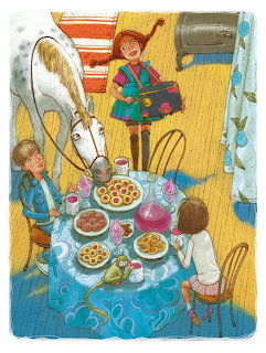Colorful illustration of a red-haired girl with a horse and two children at a tea party with cookies and treats