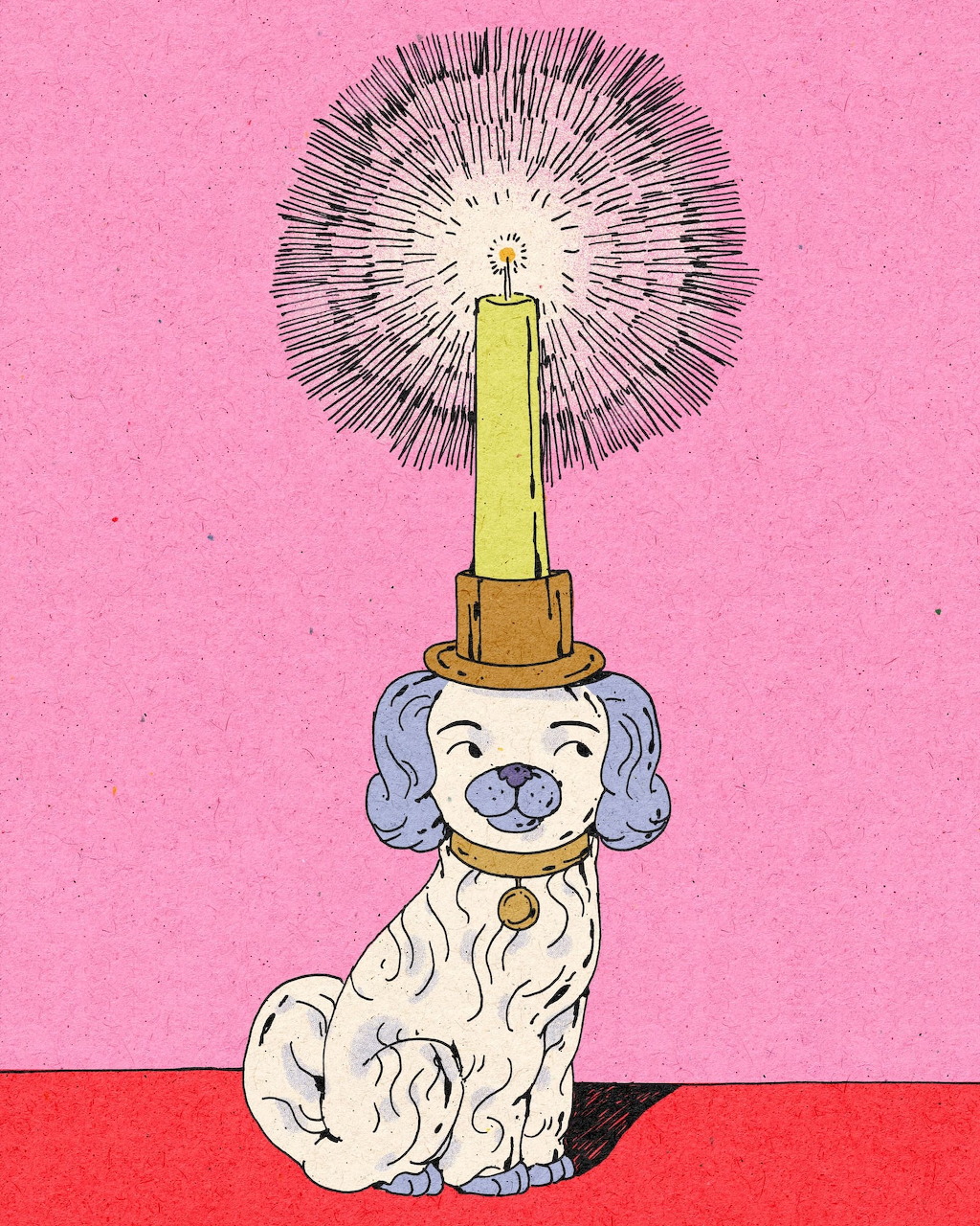 Illustration of a white dog with blue ears holding a lit candle on a pink background