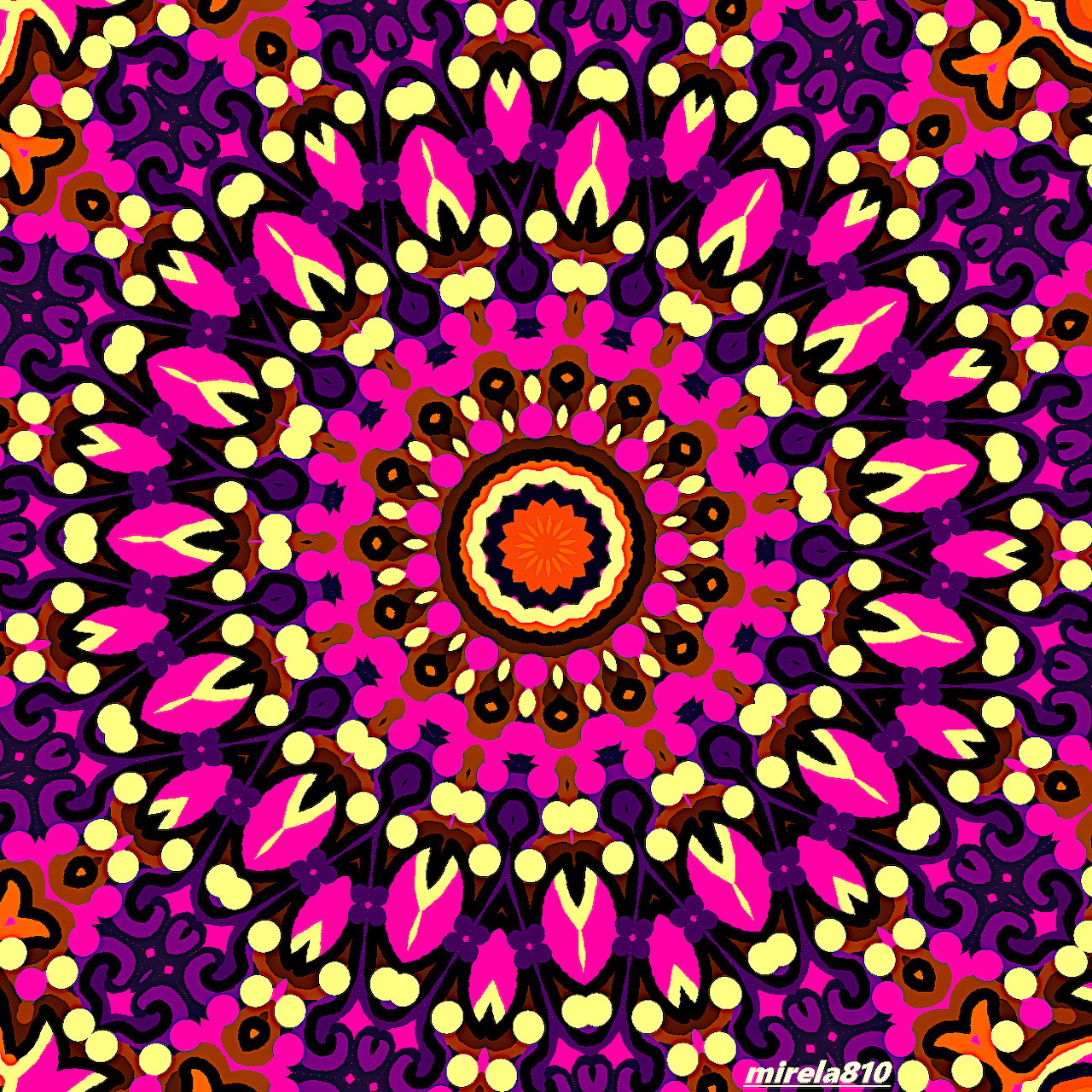 Vibrant mandala with pink petals and yellow flowers on purple mosaic background in radial symmetry