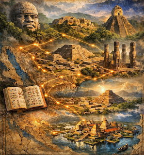 Illustrated collage of Mesoamerican civilizations featuring Olmec head, pyramids, and Tenochtitlan city on water