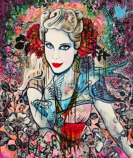Mixed media portrait of blonde woman with red lips amid vibrant flowers and decorative patterns