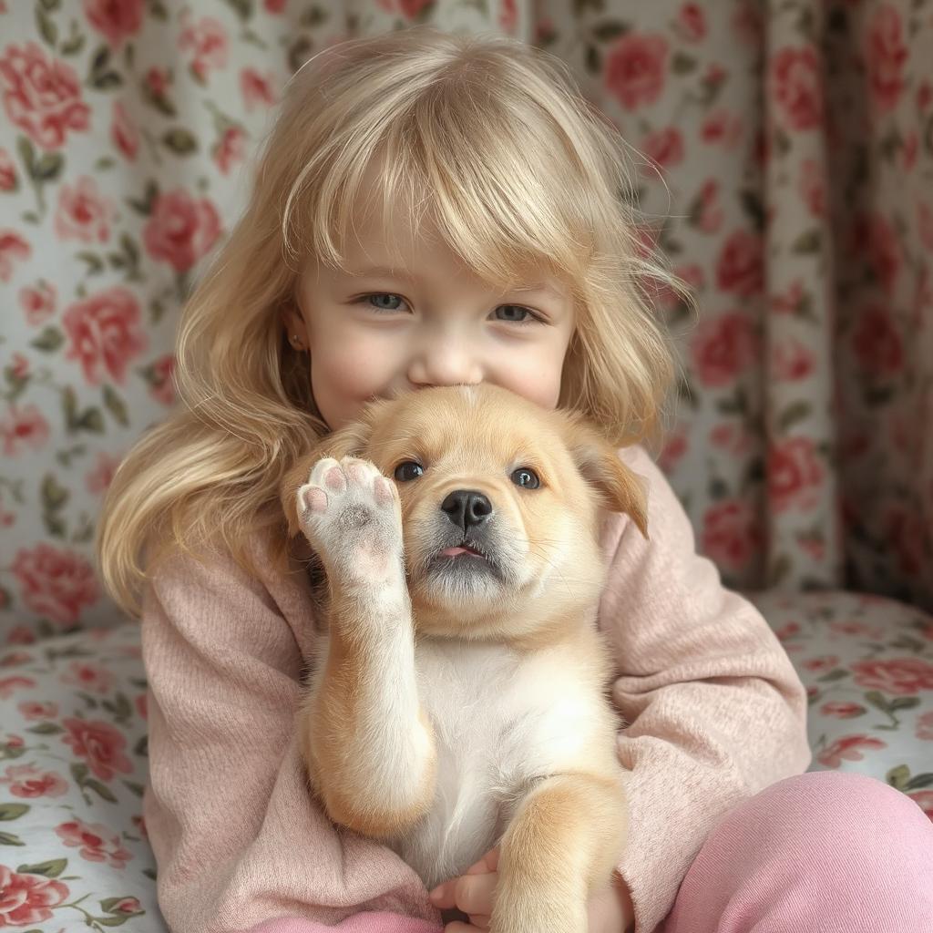 Smiling young girl with blonde hair holding a golden retriever puppy while sitting against floral curtains
