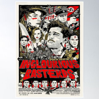 Illustrated Inglourious Basterds movie poster with multiple character portraits in red, black, and white