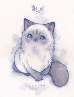 Cute watercolor illustration of a fluffy Siamese kitten with blue eyes and a butterfly