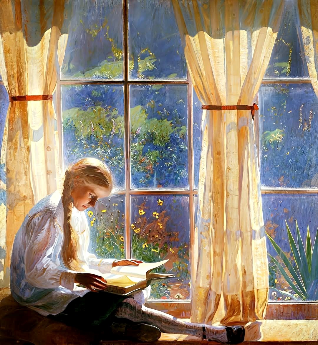 Woman in white dress reading book seated by tall window with flowing curtains and plants visible outside