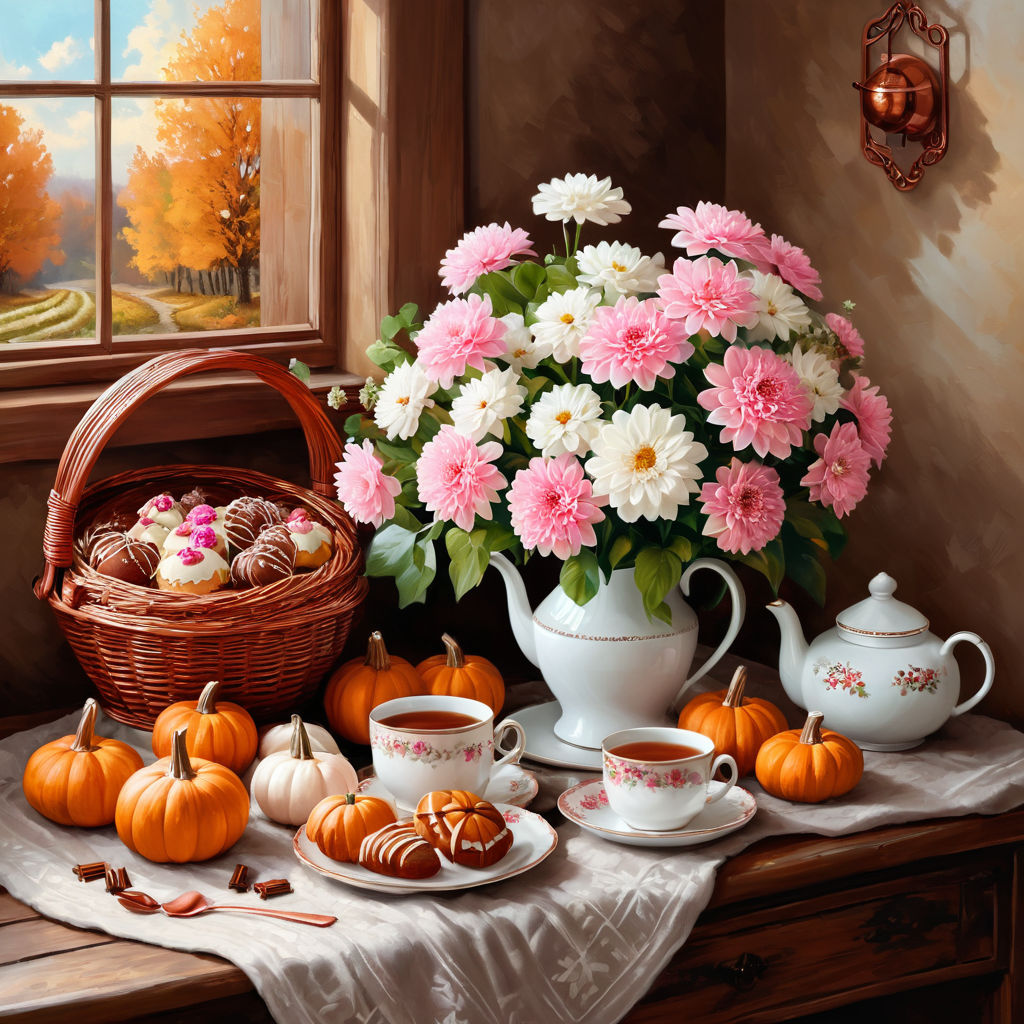 Autumn still life: flowers, pumpkins, tea, and pastries by window with fall trees