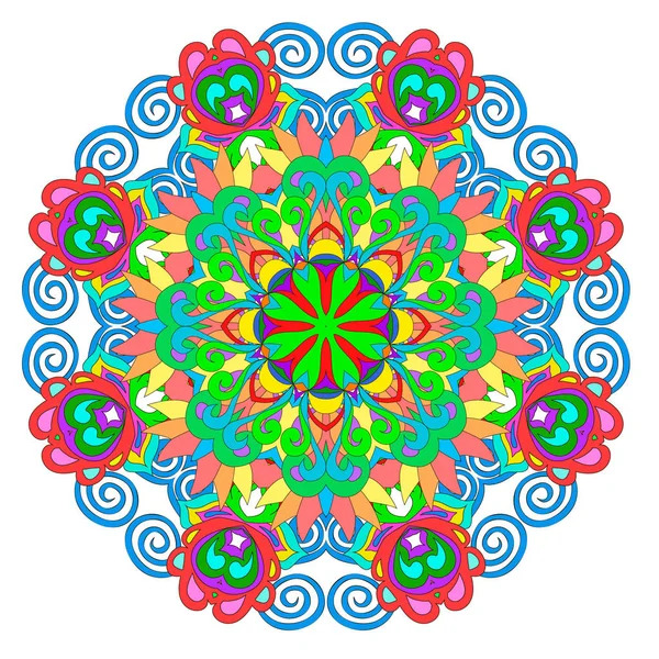 Intricate circular mandala with colorful floral and swirl patterns in bright rainbow hues
