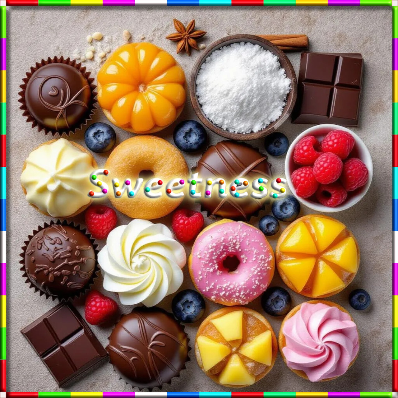 Flat lay of colorful assorted desserts including donuts, chocolates, cupcakes, meringues, and beries