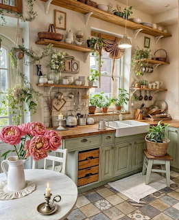 Cozy cottage kitchen with green cabinets, wooden shelves, plants, and pink peonies on a table