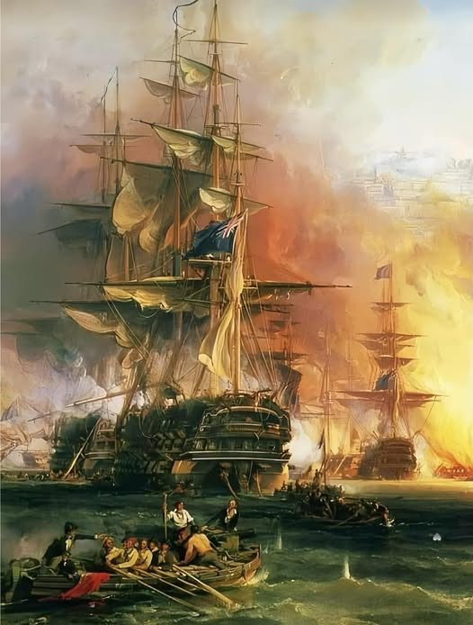 Historical painting of the Bombardment of Algiers with tall sailing warships firing cannons amid fire and smoke