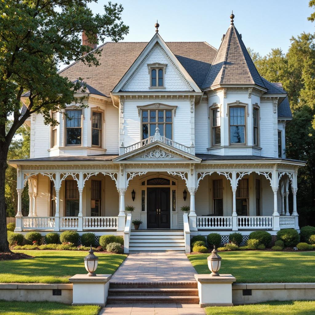 White Victorian house with turret and wraparound porch on green lawn