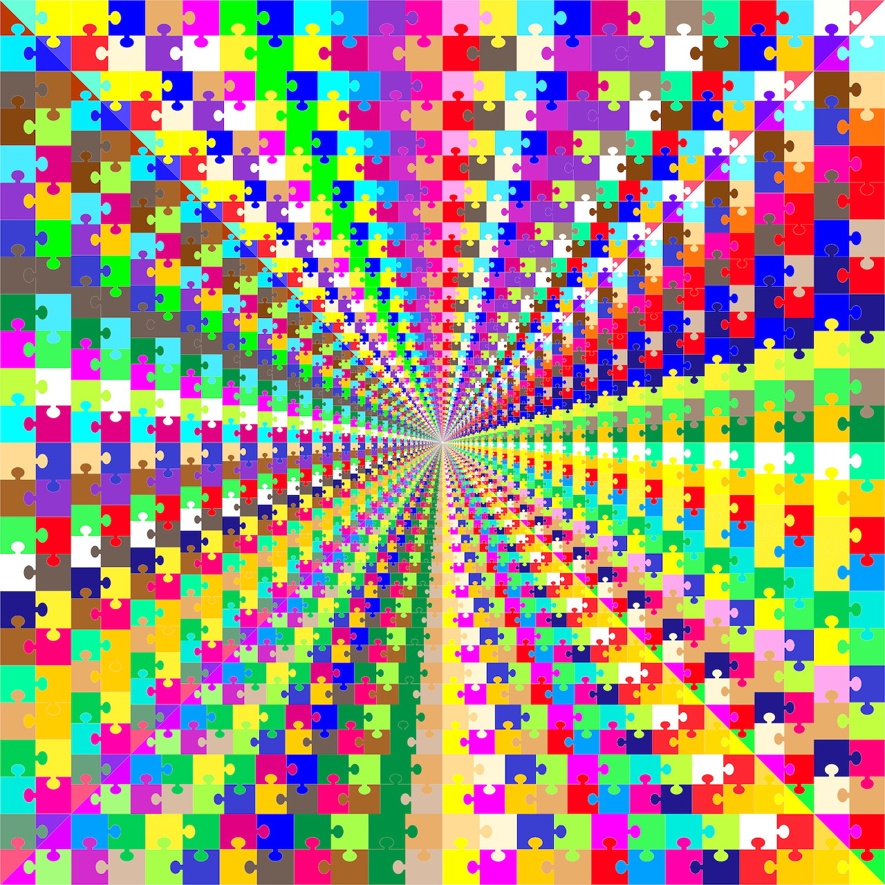 Colorful jigsaw puzzle pieces forming a vanishing point tunnel optical illusion with rainbow colors