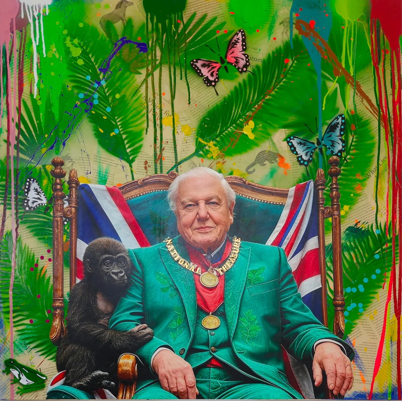 Elderly man in green jacket with baby gorilla, tropical plants and butterflies, British flag behind