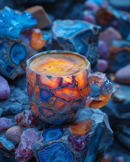 Luminous agate-patterned coffee mug surrounded by blue and orange crystal geodes