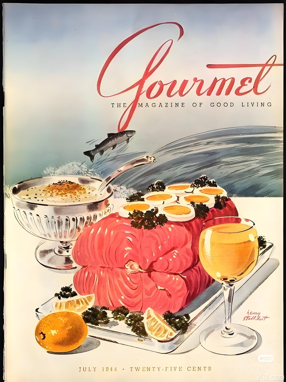 Vintage Gourmet Magazine cover from July 1944 showing salmon, caviar, citrus slices and wine glasses
