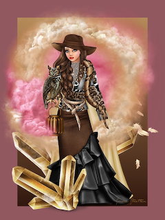 Fashion illustration of a cowgirl in brown hat with animal print top holding an owl, with crystals and pink smoke