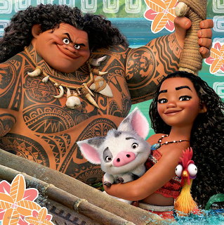 Moana holding Pua next to Maui, with Hei Hei in front in a colorful Disney cartoon scene