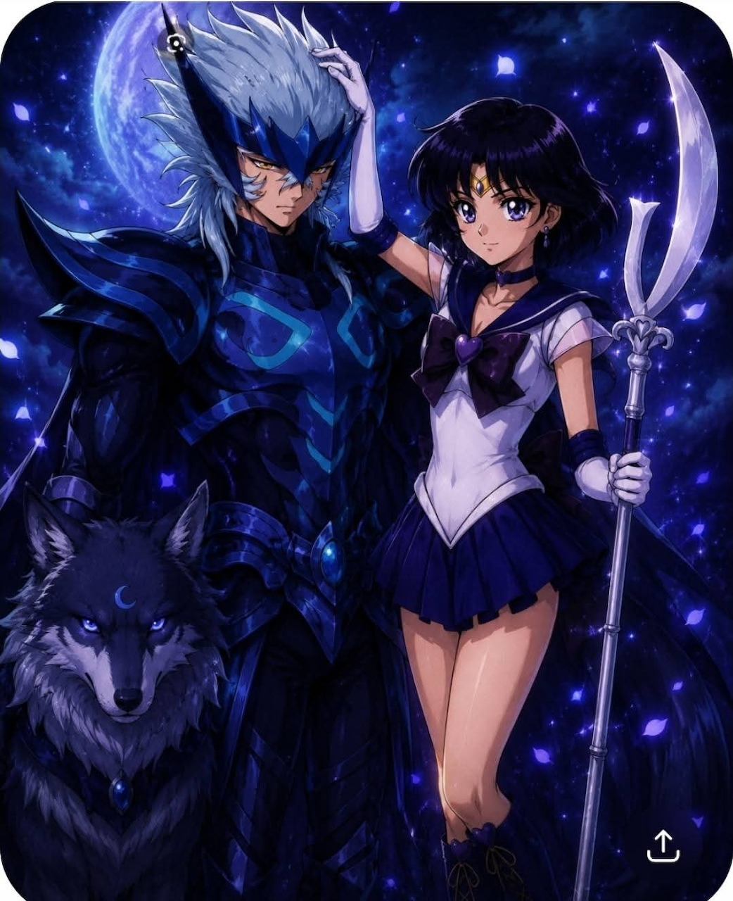Two anime characters with blue dragon and wolf under moonlight with glowing magical effects