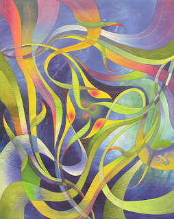 Abstract art quilt with colorful swirling ribbons in yellow, purple, green, and orange on textured fabric