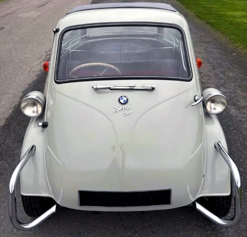 White BMW Isetta vintage microcar viewed from above on driveway