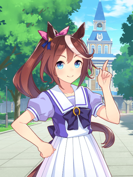 Anime girl with horse ears and long hair in a dynamic pose, Tokai Teio character card