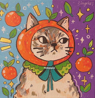 Illustrated tabby cat wearing orange fruit hat with green bow, surrounded by mandarin oranges on blue and purple background