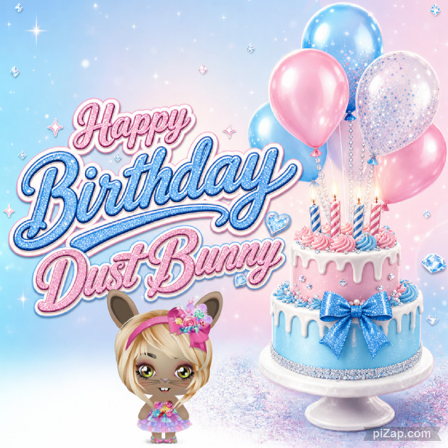 Pastel birthday graphic with cake, balloons, and a cute Dust Bunny character
