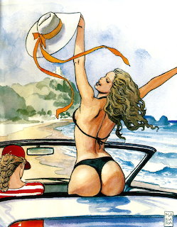 Illustration of a woman in a black bikini standing in a white convertible waving a hat at a beach
