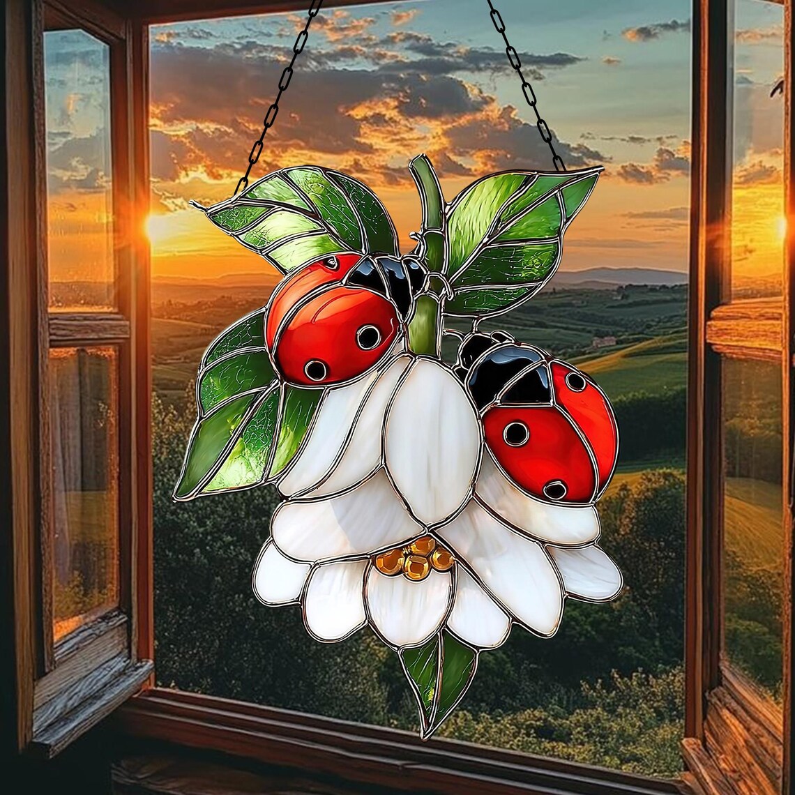 Stained glass suncatcher with ladybugs and flowers hanging in window at sunset