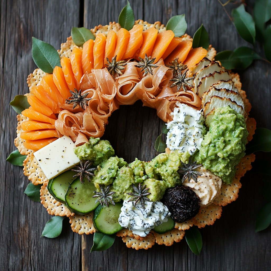 Wreath-shaped appetizer platter with salmon, avocado, cheese, crackers and cucumber on wooden board