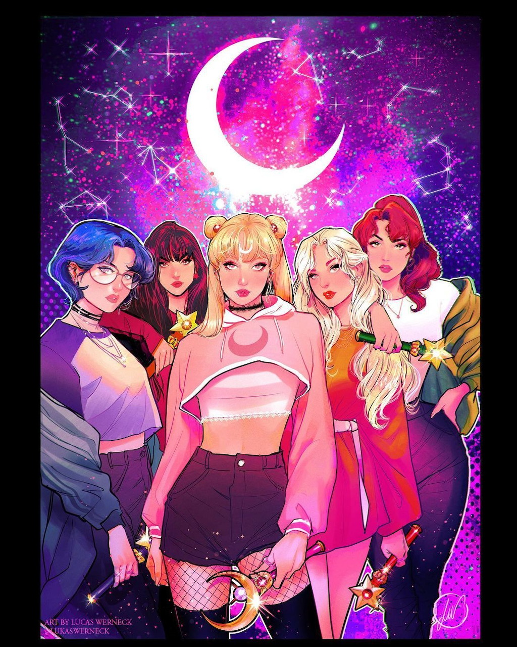 Five anime girls in sailor uniforms posing under a crescent moon with purple and pink cosmic background