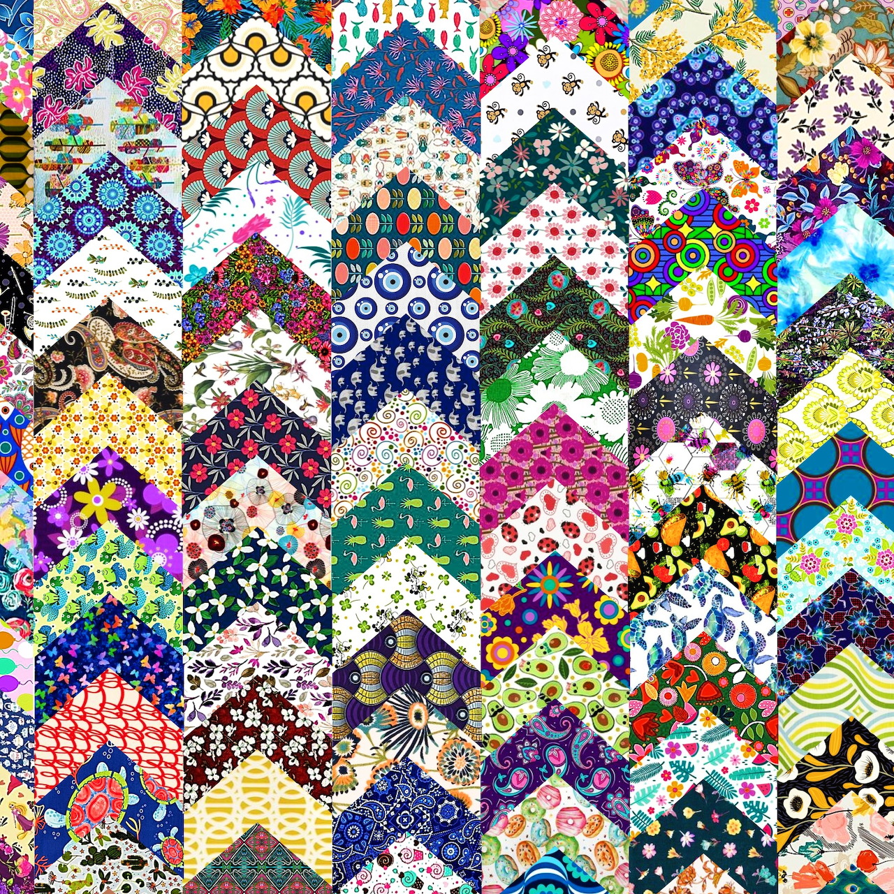 Colorful patchwork quilt with diamond patches in various floral and geometric patterns