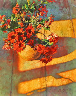 Oil painting of bright flowers in golden vase with yellow ribbons and teal background