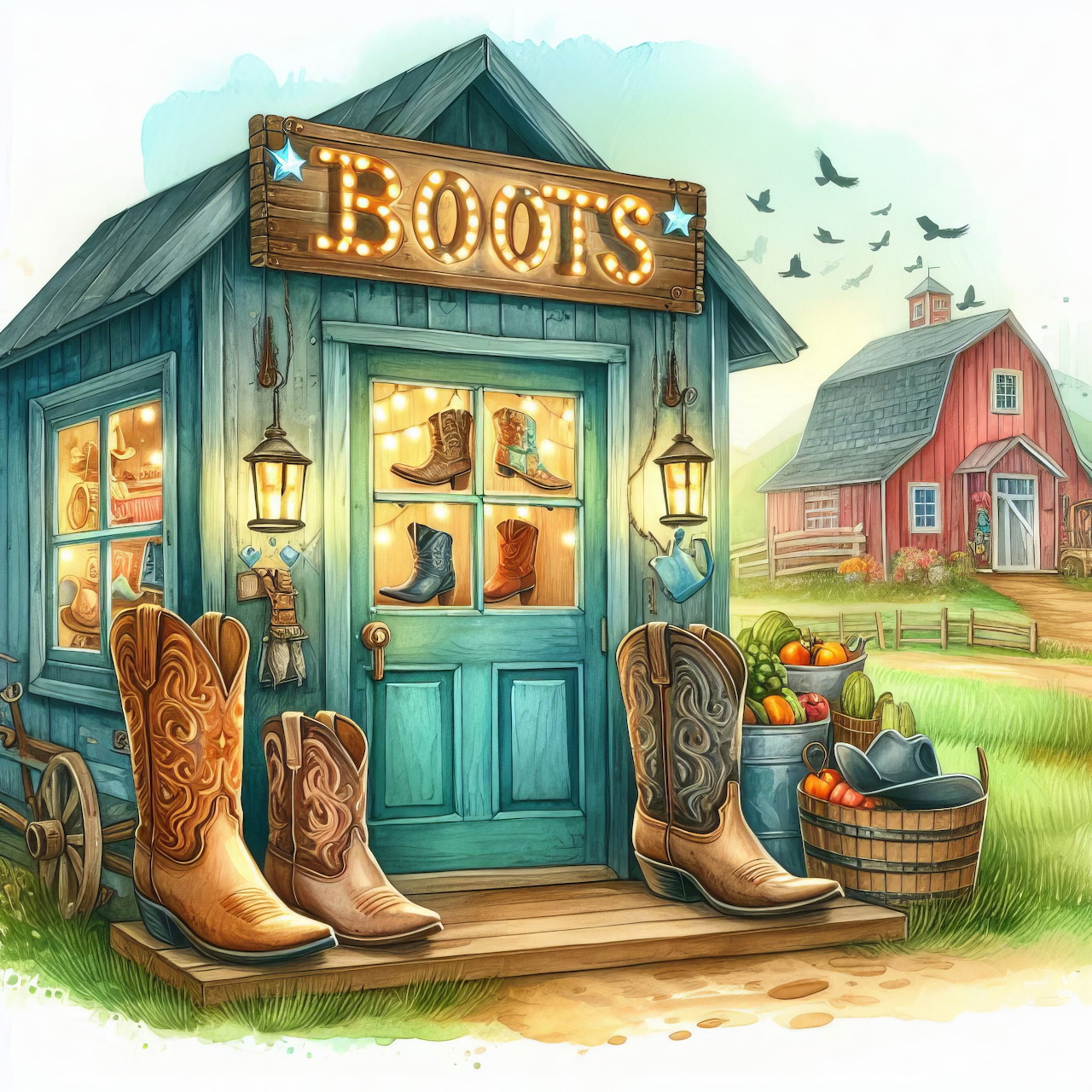 Illustrated cowboy boot shop storefront with boots on display and red barn in rural setting
