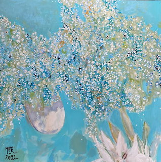Abstract painting with white dotted flowers on turquoise background and soft pink white strokes