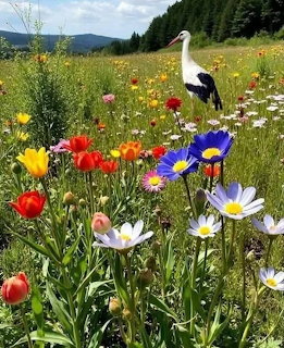Colorful wildflowers in a meadow with a white stork near a forested hillside