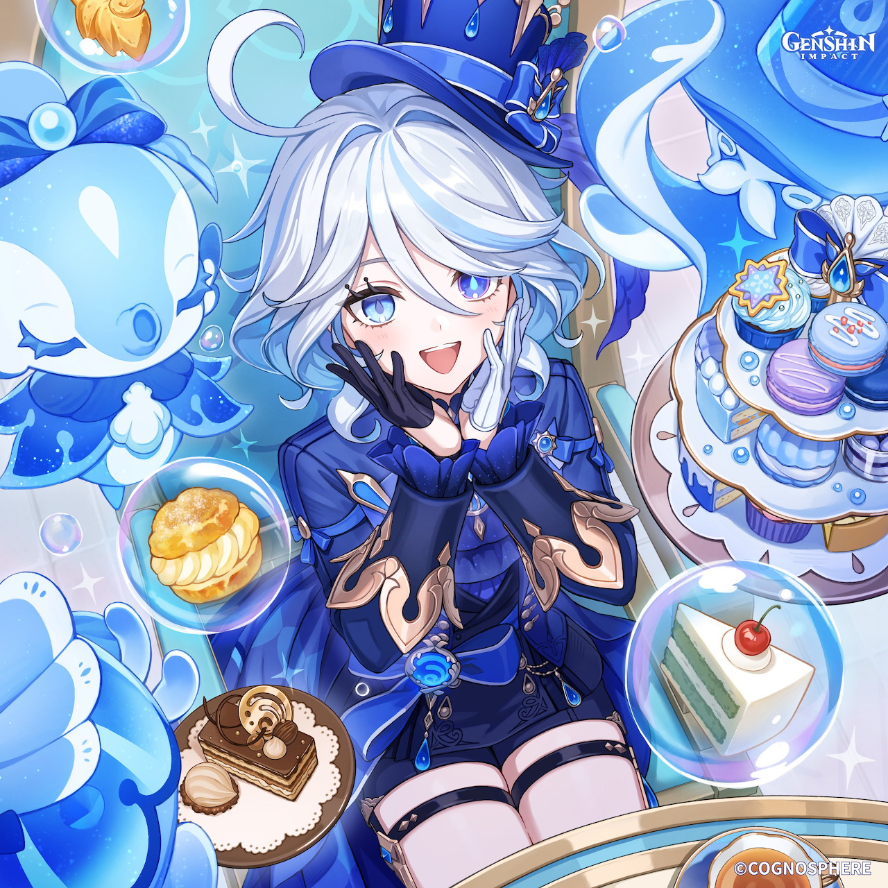 Anime girl with white hair and blue outfit surrounded by desserts and blue decorative elements