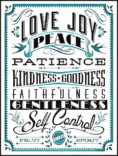 Decorative typographic poster with Fruit of the Spirit words in black and teal ornate lettering