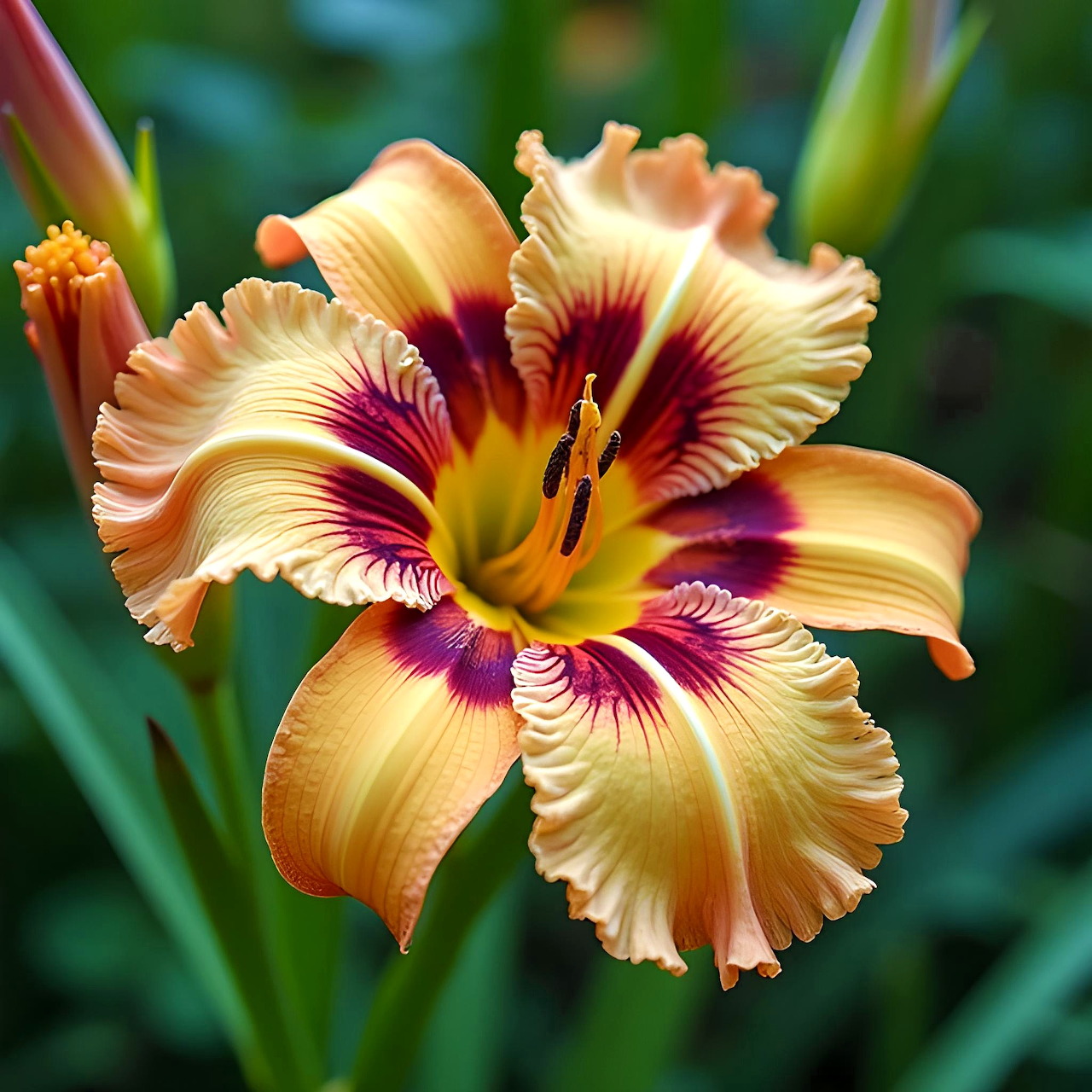 Orange daylily flower with ruffled petals and burgundy center markings