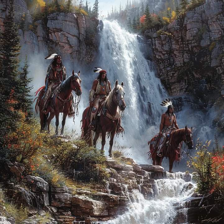 Native Americans at Waterfall