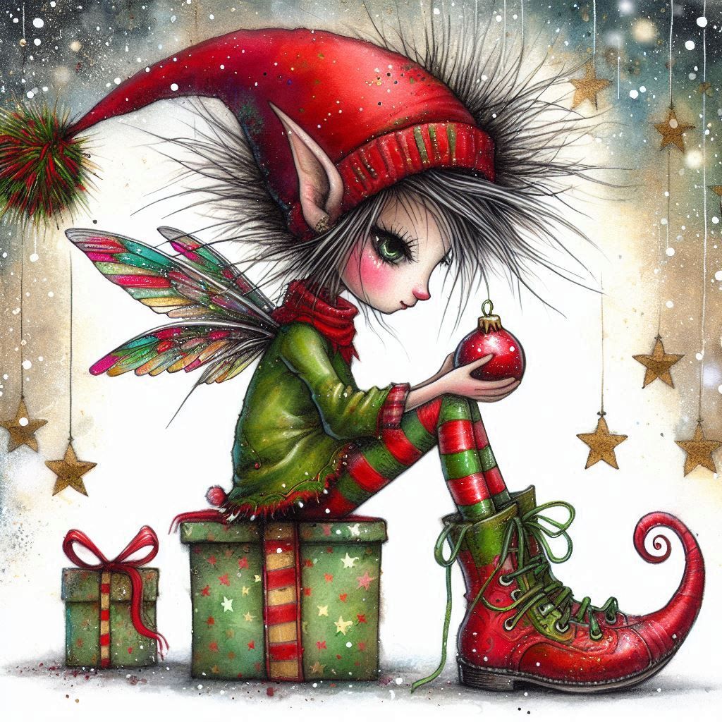 Christmas fairy with colorful wings sitting on festive gift boxes wearing red Santa hat and green outfit