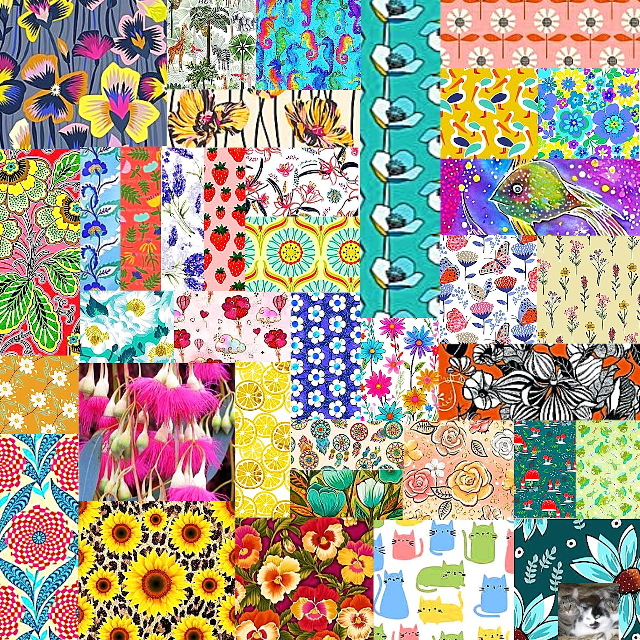 Colorful grid collage of varied patterns including flowers, geometric shapes, and abstract designs