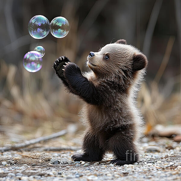 Brown bear cub standing upright reaching for floating soap bubbles outdoors