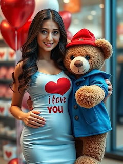 Woman smiling while holding a Paddington Bear stuffed animal wearing his iconic red hat and blue coat