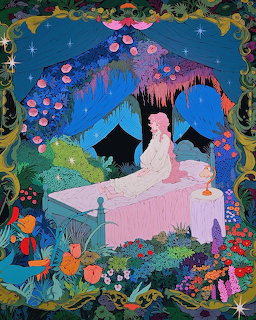 Person lying on pink bed under starry blue arch surrounded by vibrant flowers and plants in surreal fantasy scene