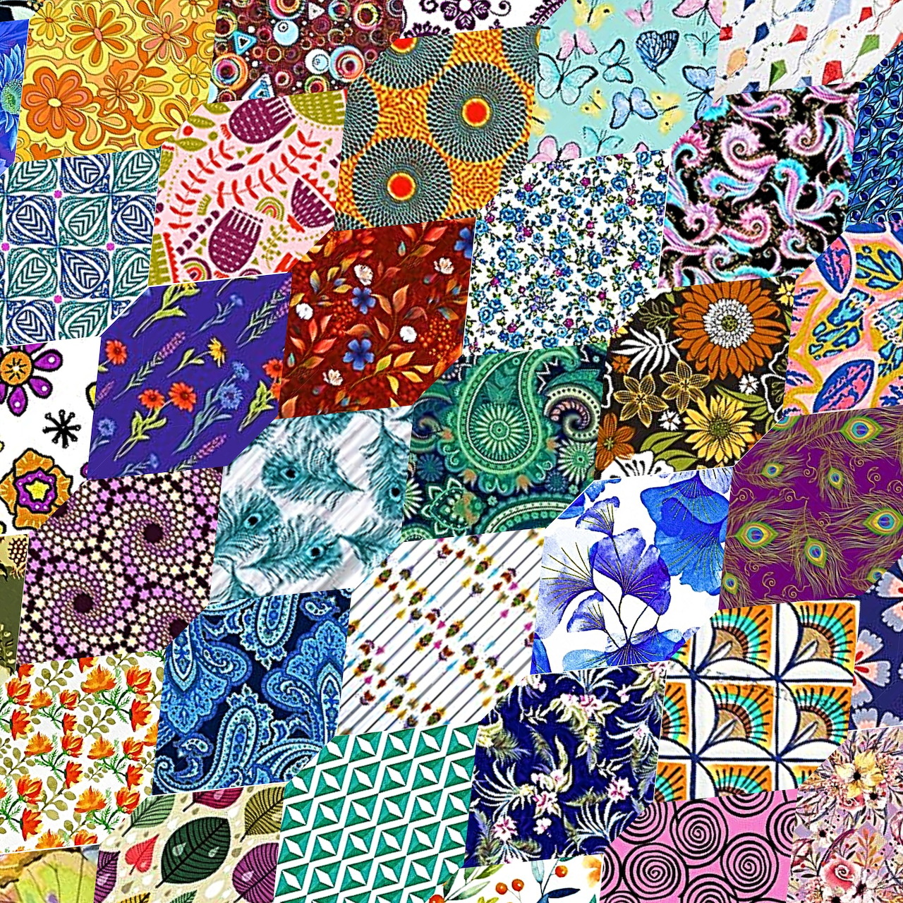 Colorful patchwork grid of varied decorative patterns including florals, mandalas, and geometric designs