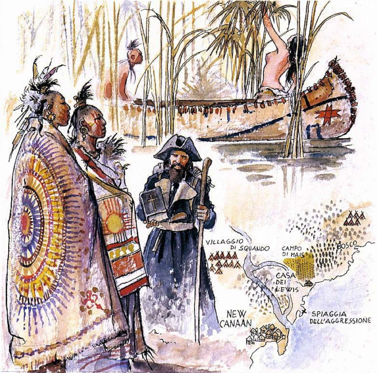 Illustration of Indigenous people, an explorer, a canoe, and a coastal map